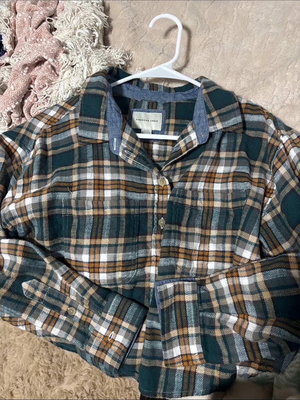 American Eagle Outfitters Teal, White & Brown Plaid Button-Front Shirt Jacket